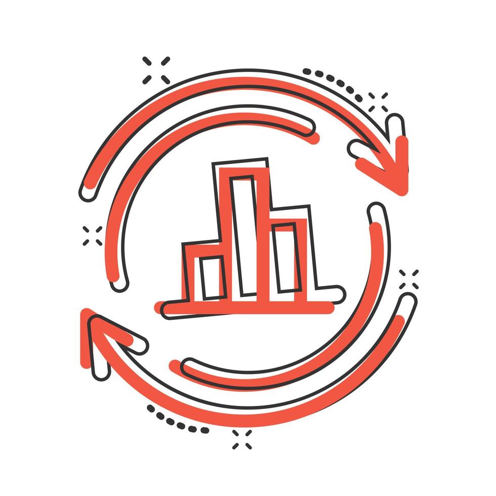Growing bar graph icon in comic style. Increase arrow cartoon vector illustration on white isolated background. Infographic progress splash effect business concept.