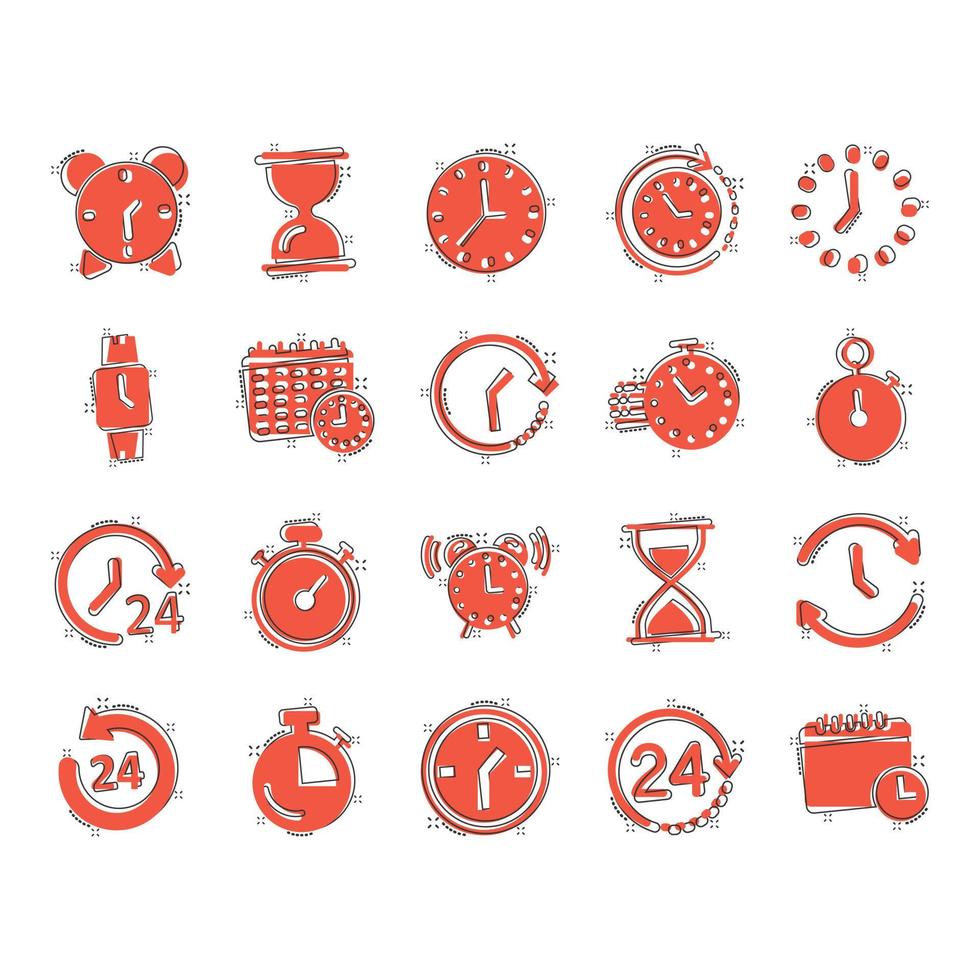 Time icon set in comic style. Agenda clock cartoon vector illustration on white isolated background. Sandglass, wristwatch timer splash effect business concept.