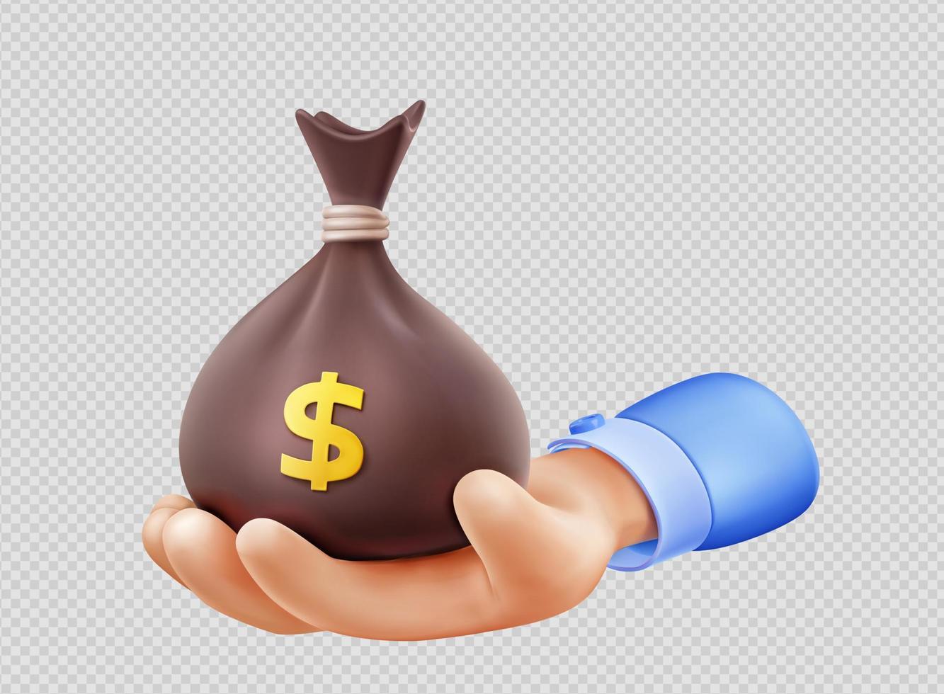 3d render mano sosteniendo saco de dinero con dólares vector