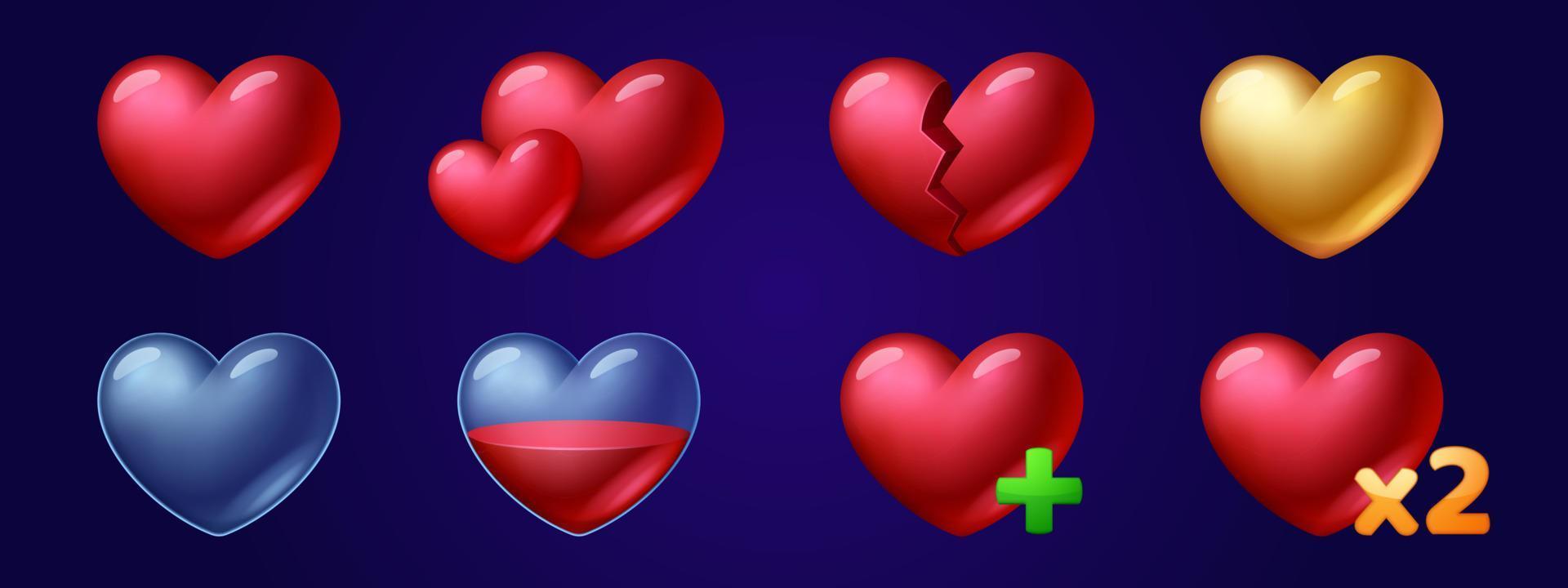 Set of heart game icons, fill progress score level vector