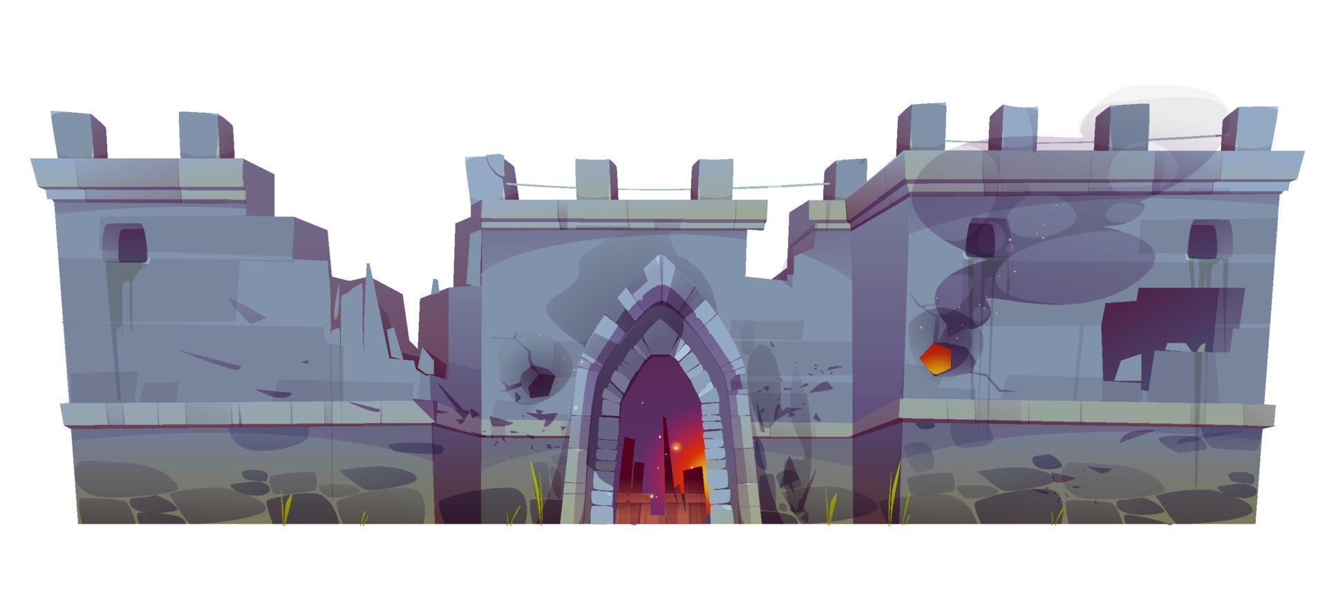 Destroyed medieval castle wall with broken gate vector