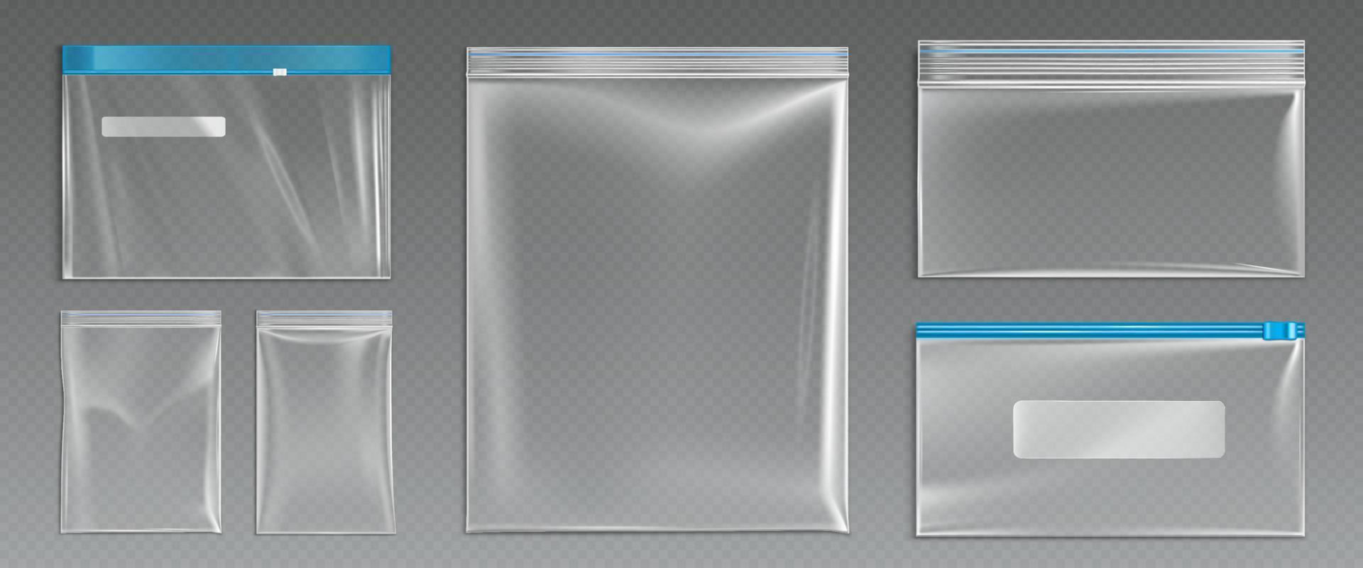 Plastic ziplock bags, empty zip pouches vector set