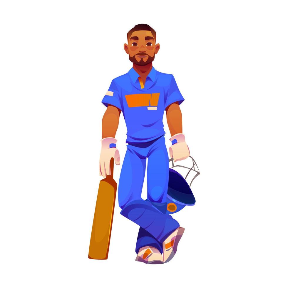 Cricket player in blue sport uniform with bat vector