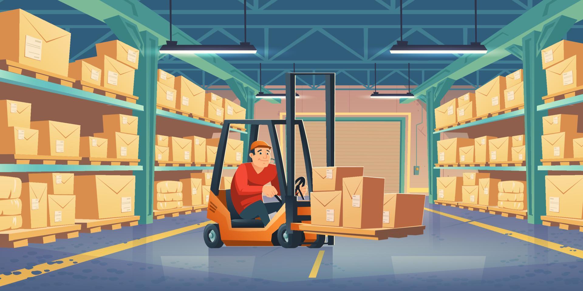 Warehouse with worker, forklift and boxes vector