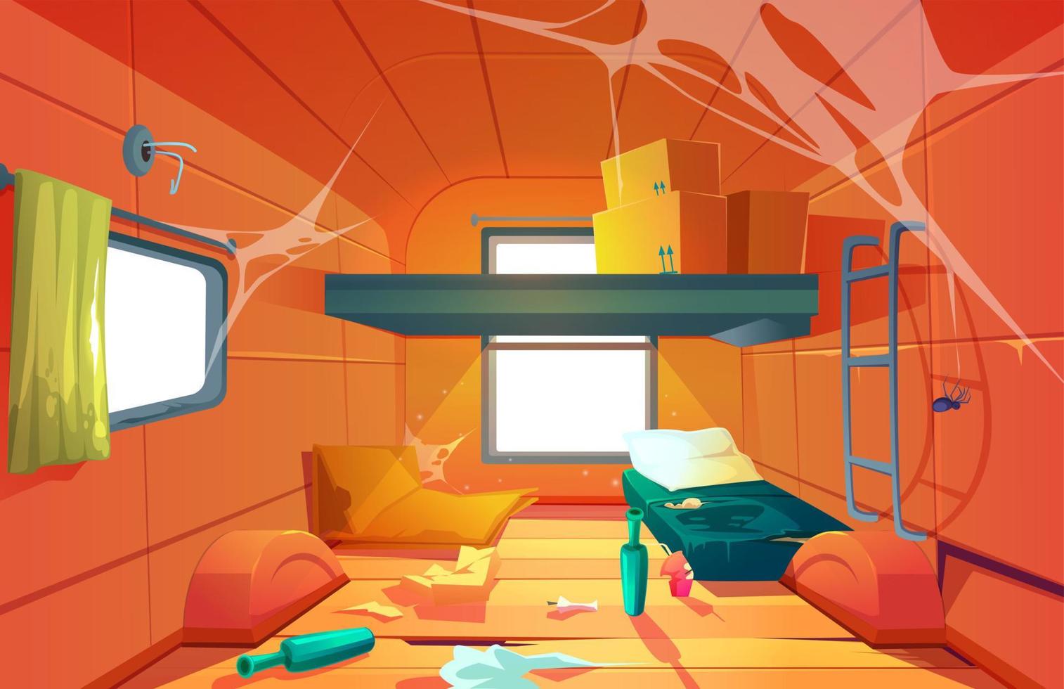 interior vectorial de una pobre habitación sucia en una furgoneta de camping vector