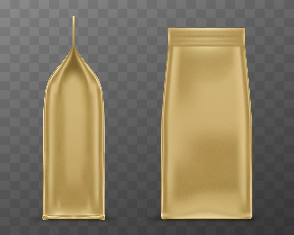 Golden doy pack, pouch paper or foil bag mockup vector
