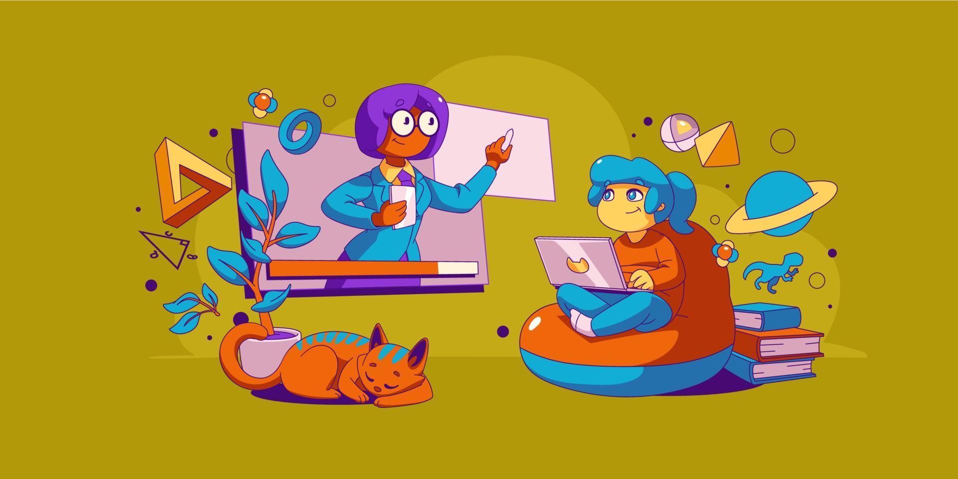 Kid online education, virtual school concept vector