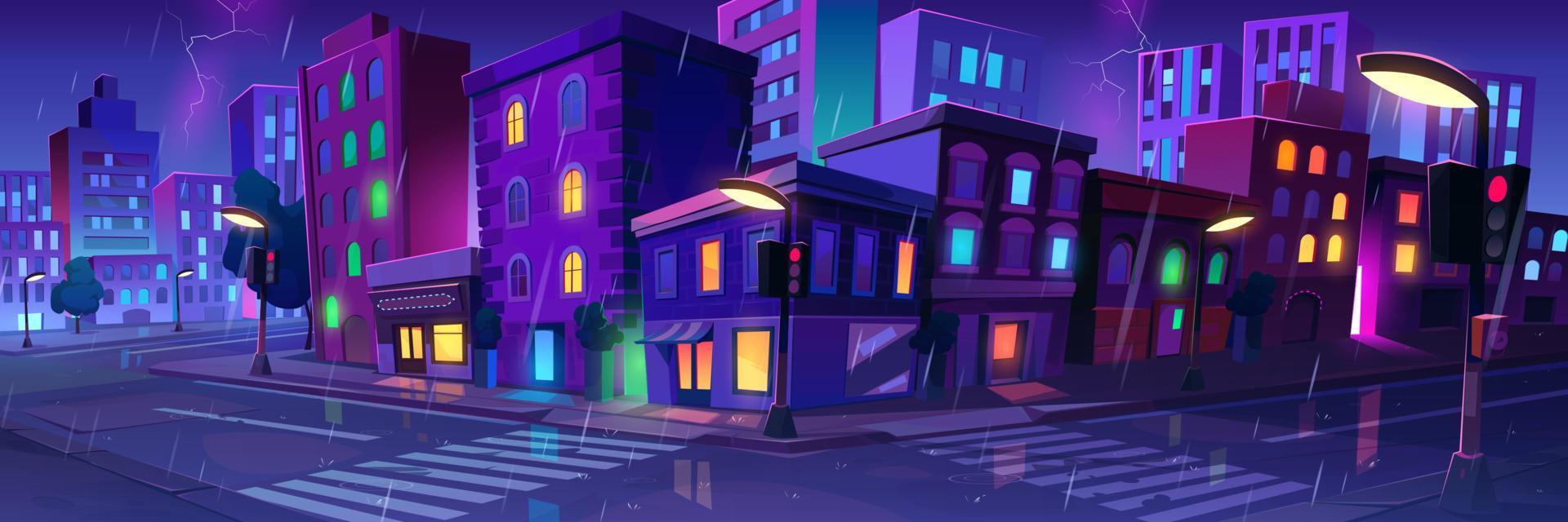 City landscape with houses in rain at night vector