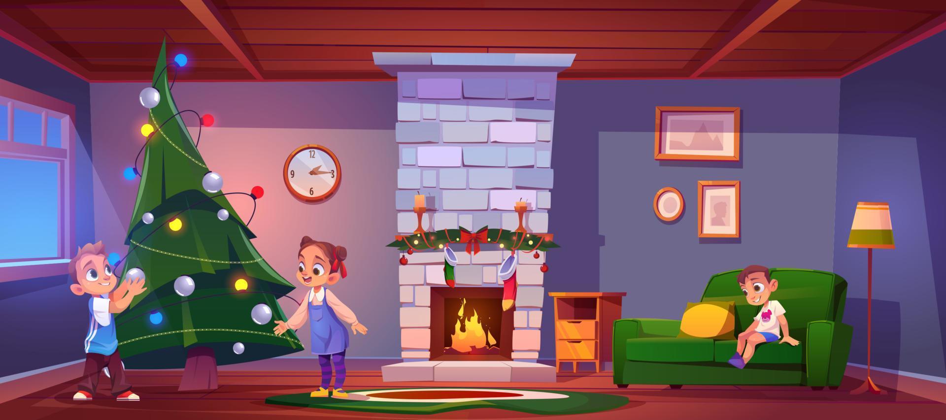los niños decoran el árbol de navidad en el interior de su casa vector