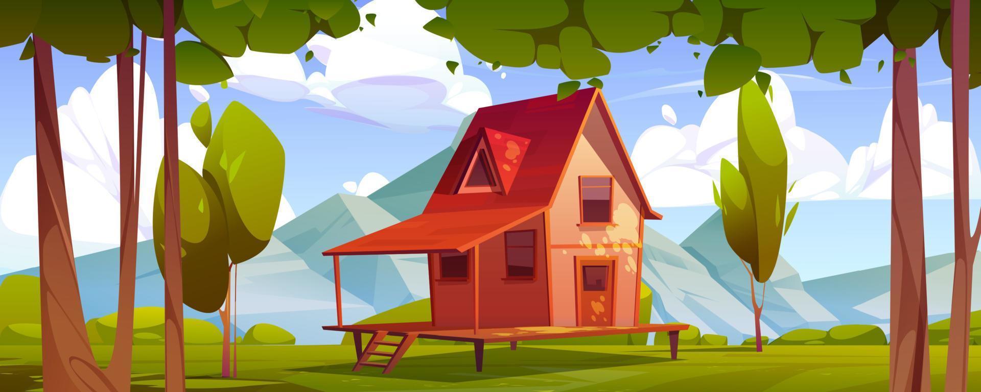 Cottage on field at mountain valley landscape vector