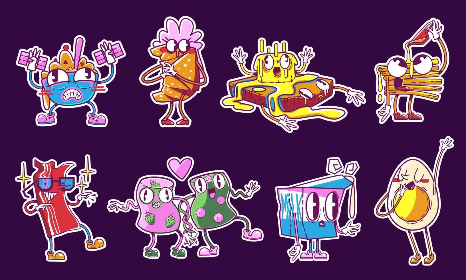 Retro stickers funny food y2k breakfast characters vector