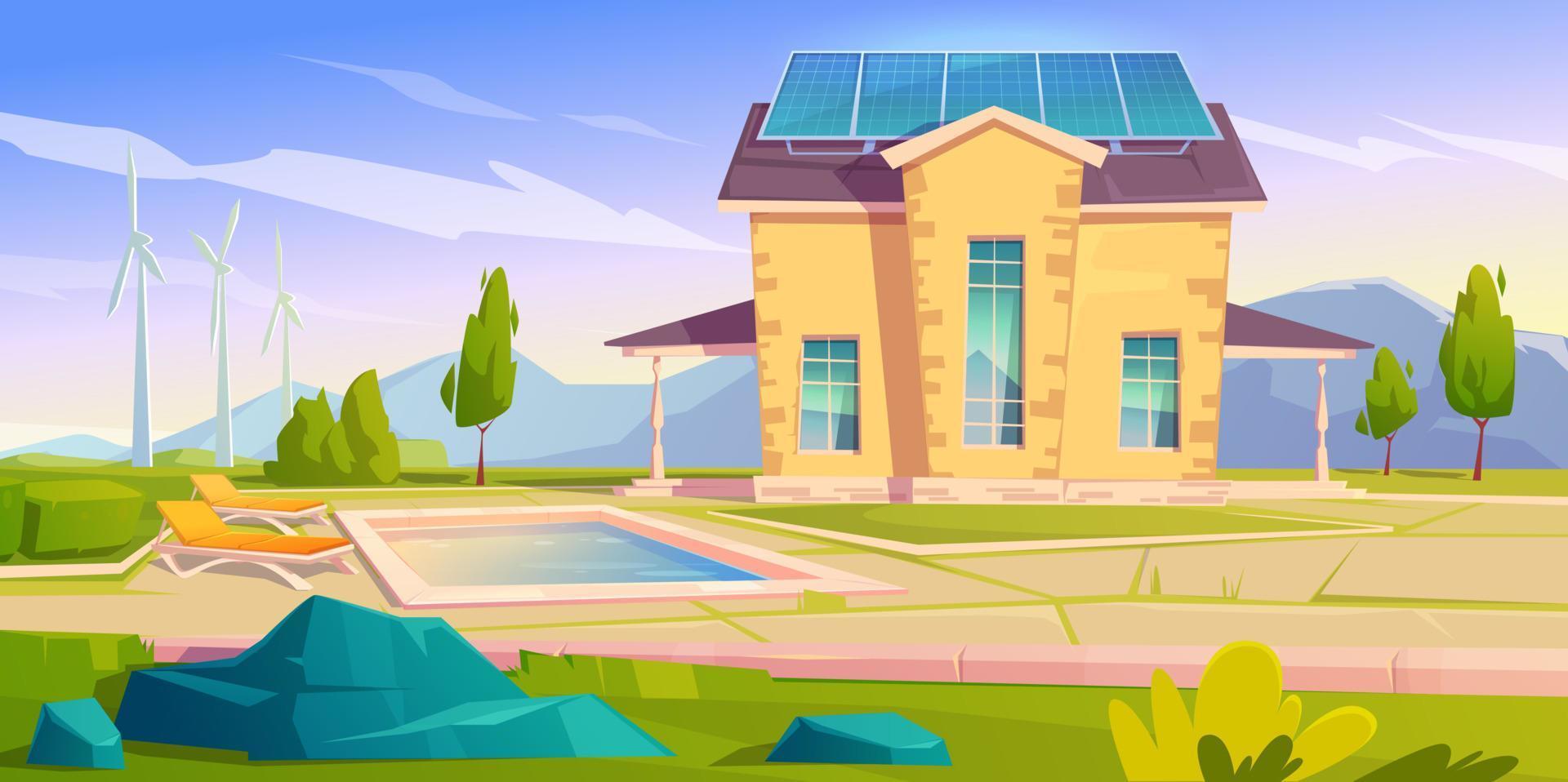 casa con paneles solares y molinos de viento. hogar ecológico vector