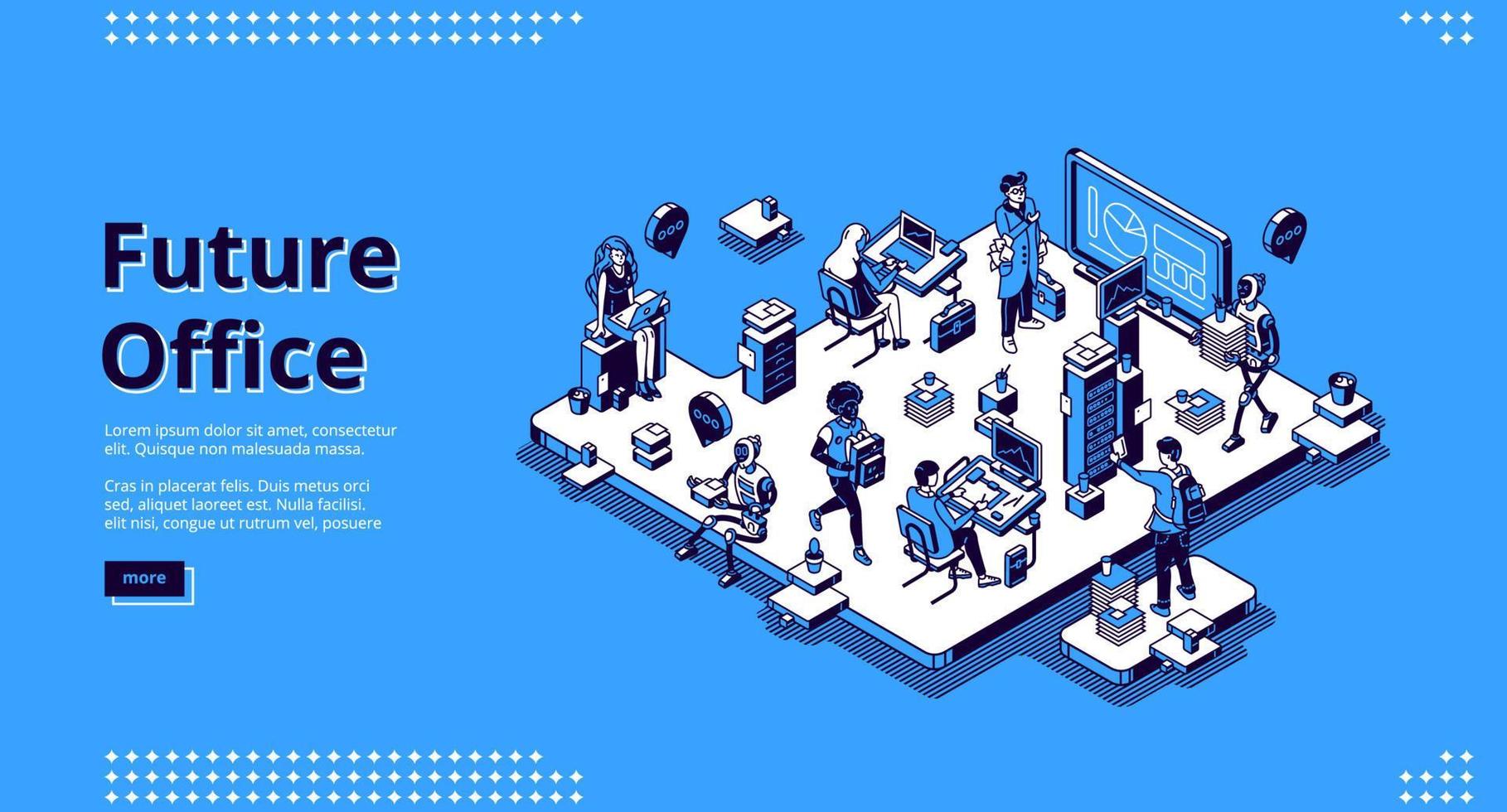 Future office isometric landing, human and robots vector