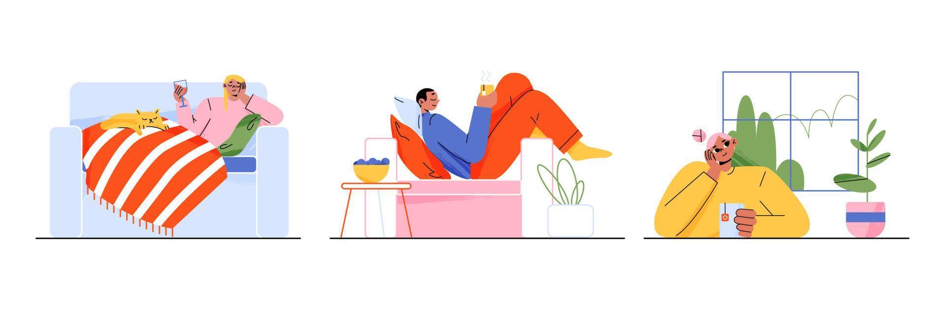 Relaxed people drinking tea and wine, having rest vector
