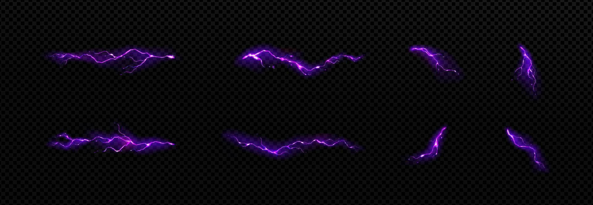 relámpago, conjunto de golpes de rayo púrpura eléctrico vector