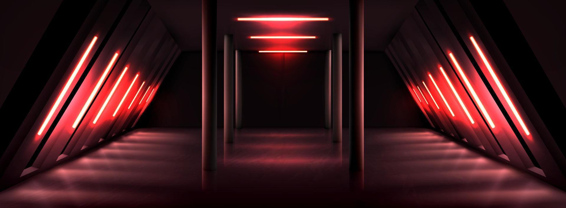 Dark gallery hall with red light lamps vector