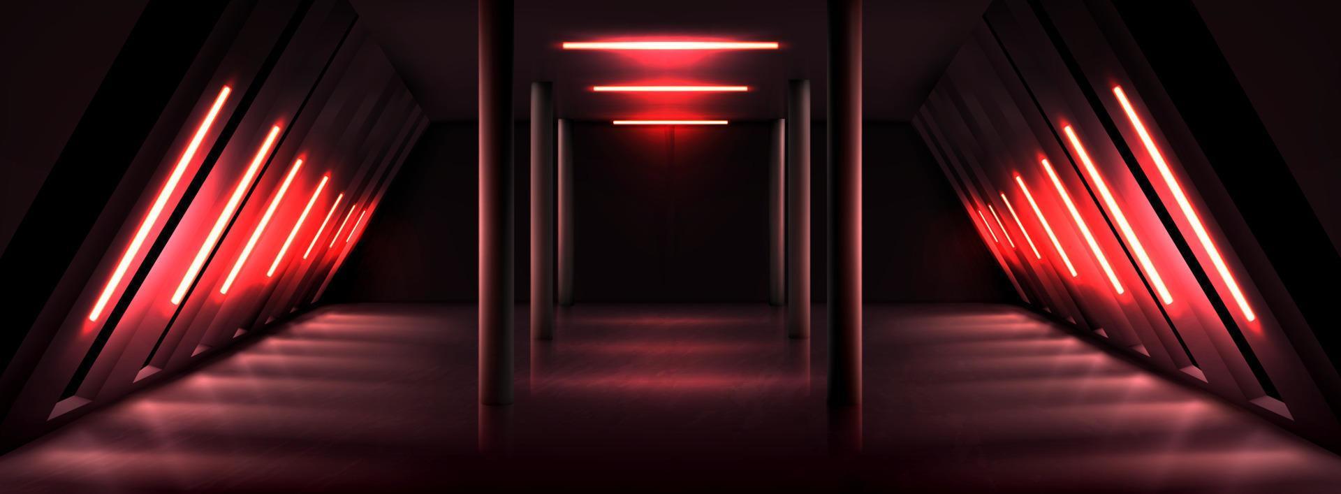 sala de galería oscura con lámparas de luz roja vector