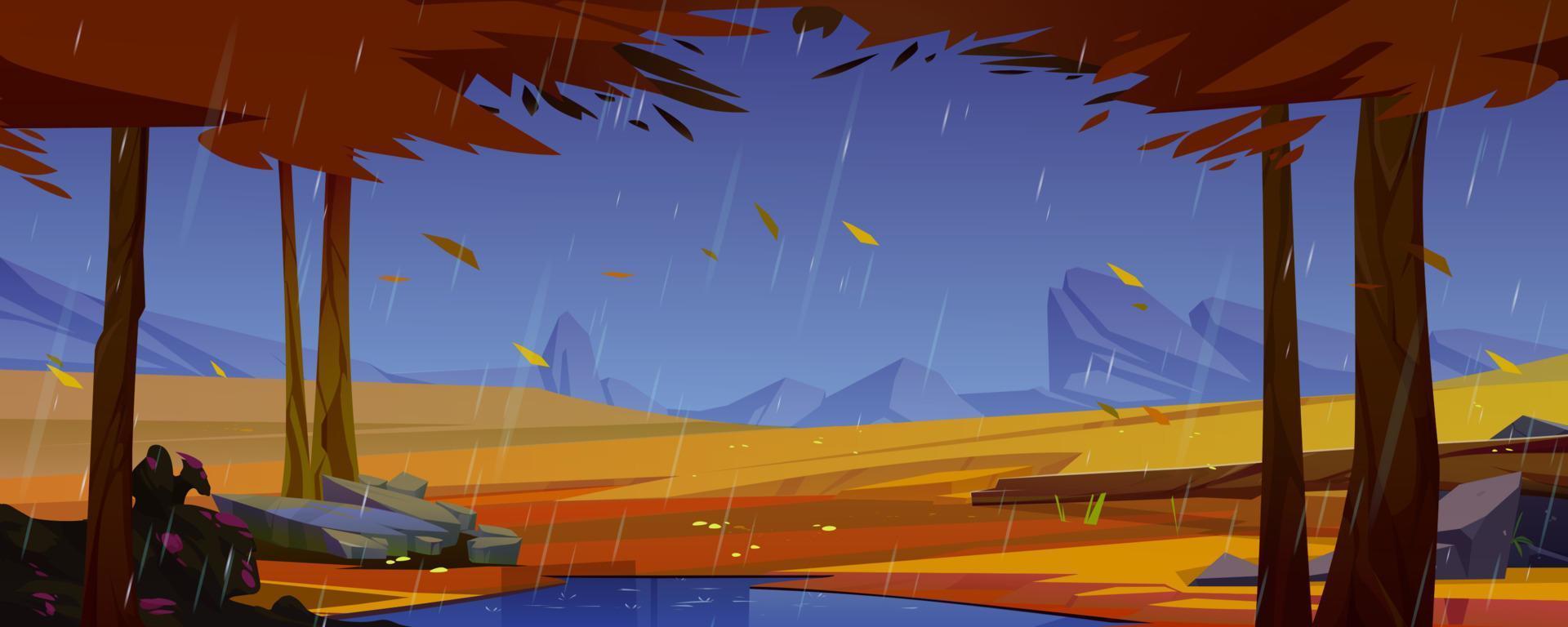 Rain in autumn forest, wild nature landscape, fall vector
