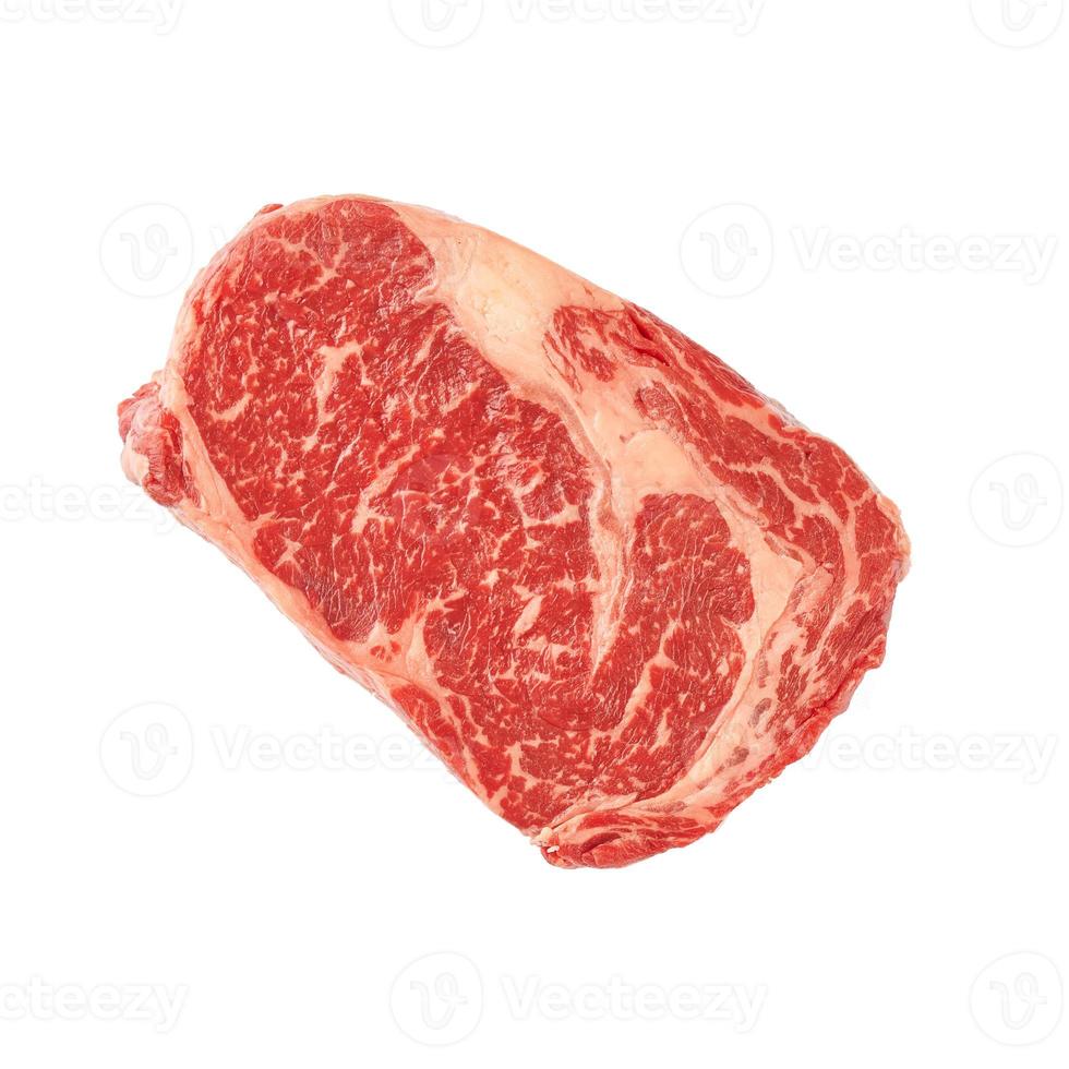 Raw top blade beef steak isolated on white background, marbled whole piece of raw meat, striploin on white photo