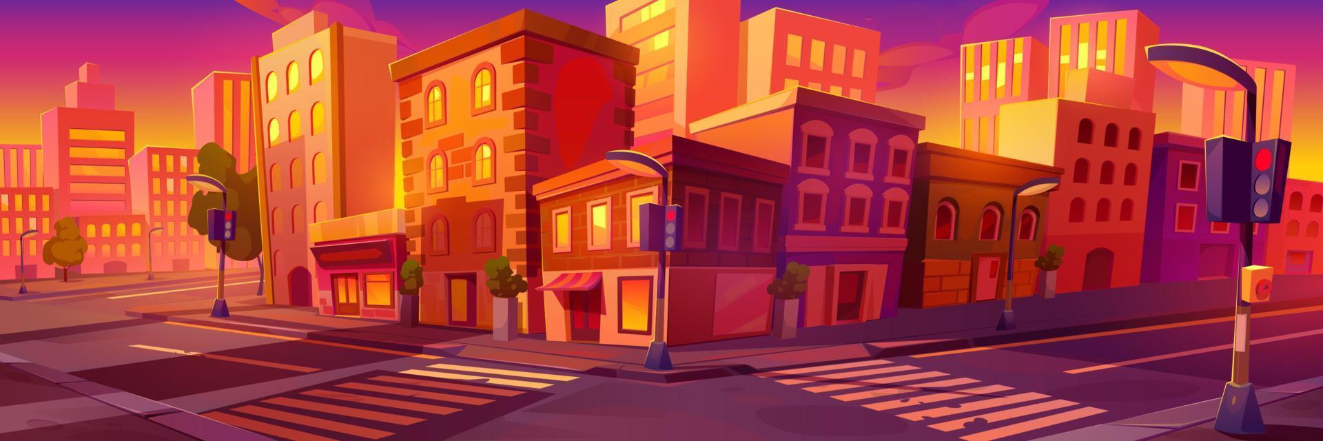 City crossroad at sunset time, empty intersection vector