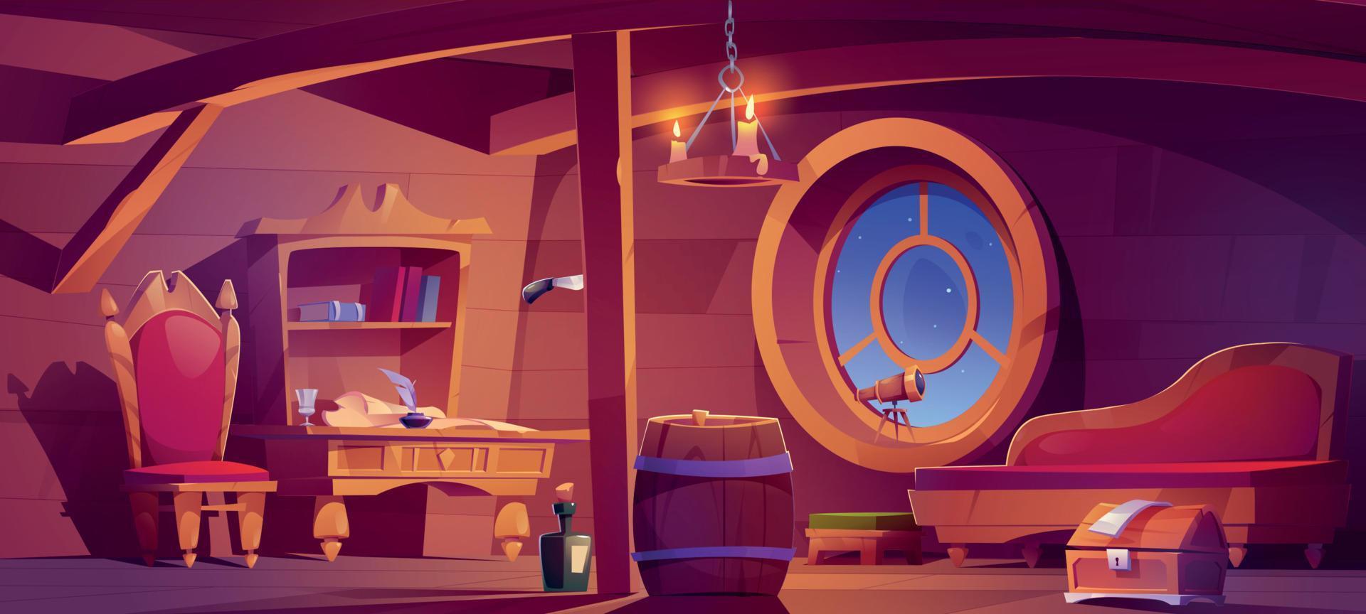 Pirate captain ship cabin, wooden room interior vector