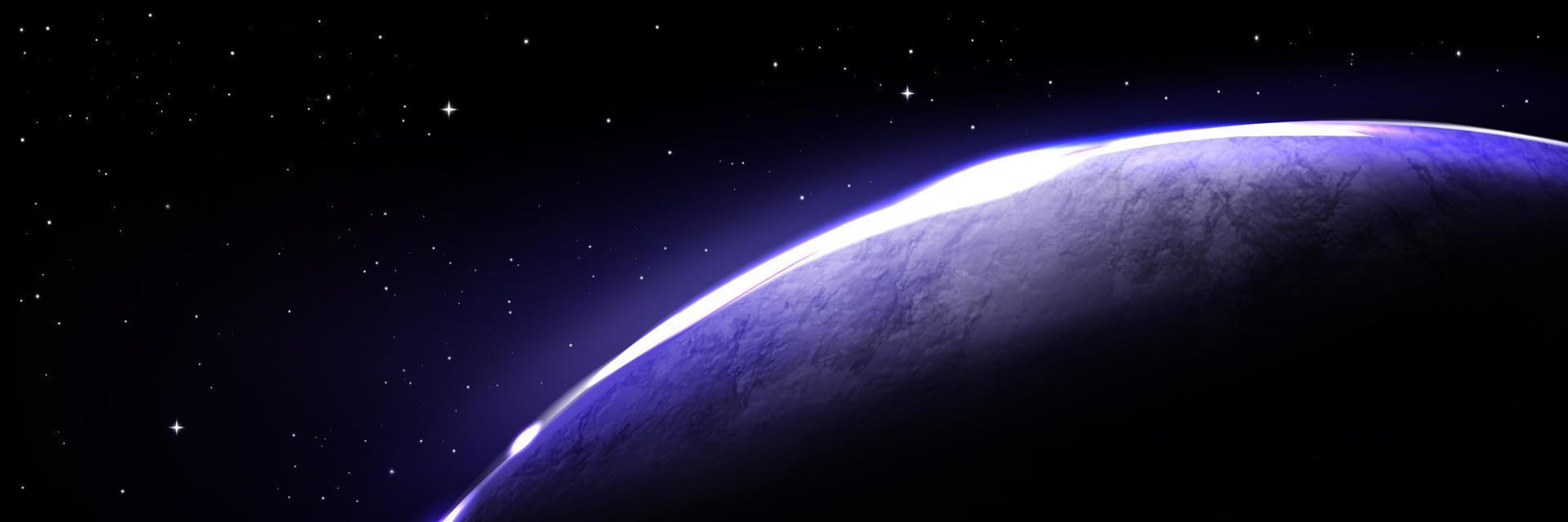 Planet with blue light on horizon in black cosmos vector