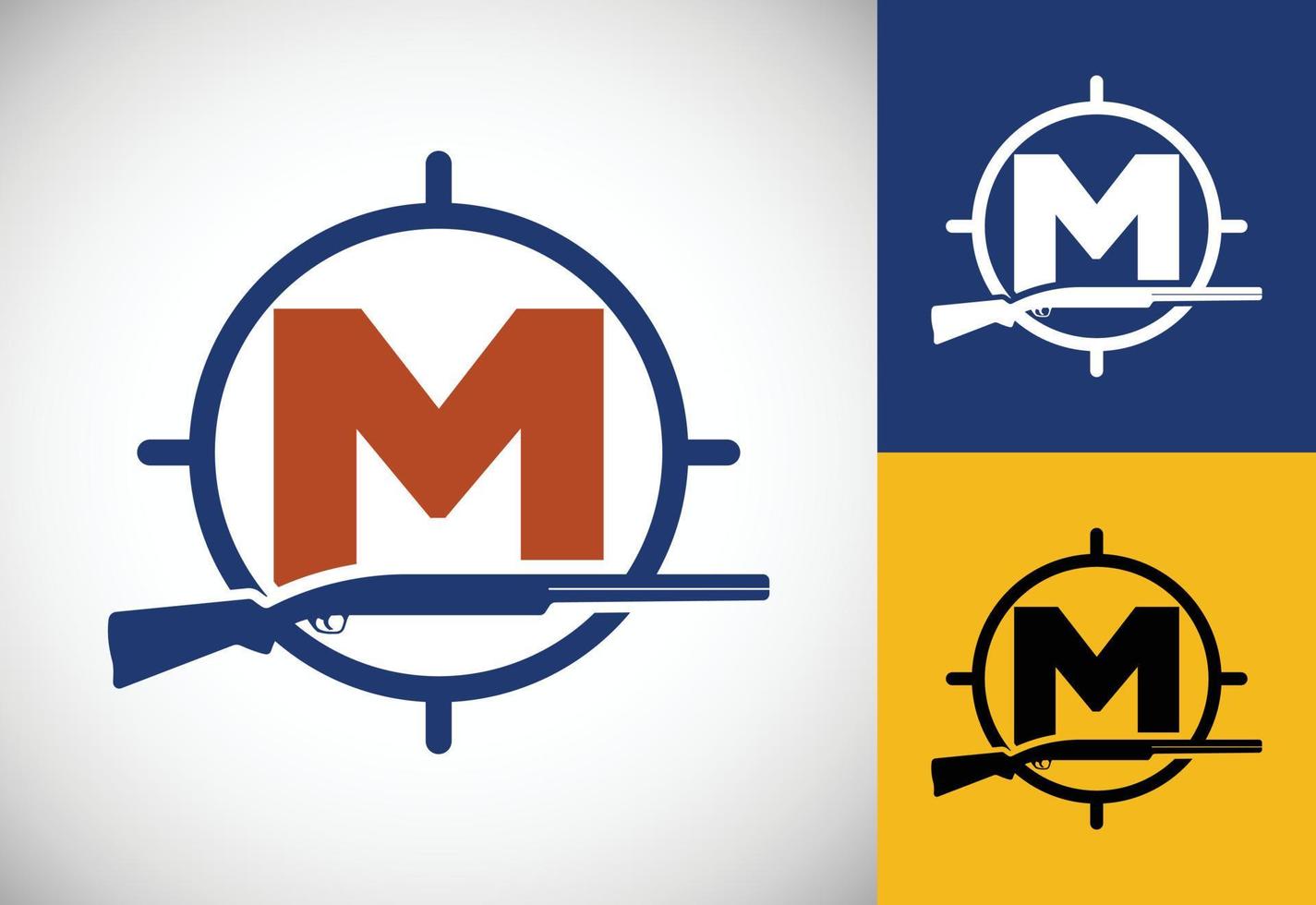 Initial alphabet M with gun and target sign. Inspiration hunting club logo vector. Hunting logo vector