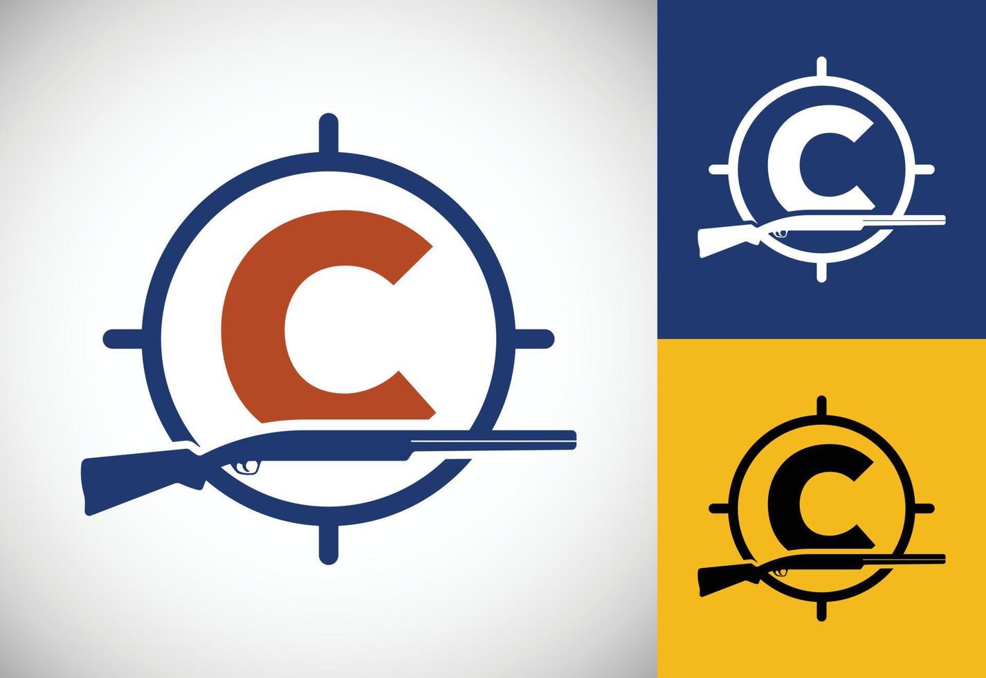 alfabeto inicial c con pistola y signo de objetivo. vector del logotipo del club de caza de inspiración. logotipo de caza