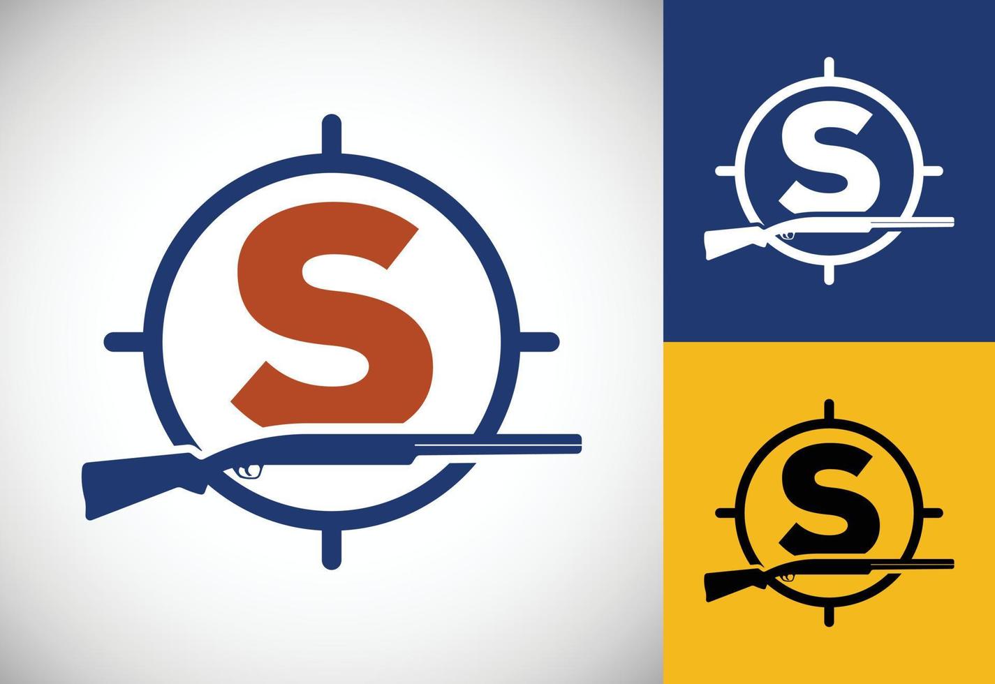 Initial alphabet S with gun and target sign. Inspiration hunting club logo vector. Hunting logo vector