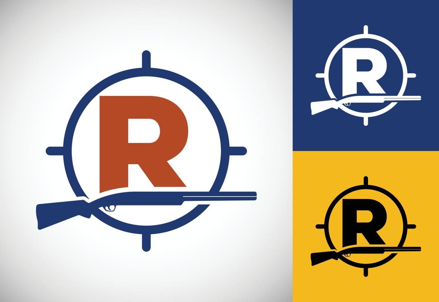 Initial alphabet R with gun and target sign. Inspiration hunting club logo vector. Hunting logo vector