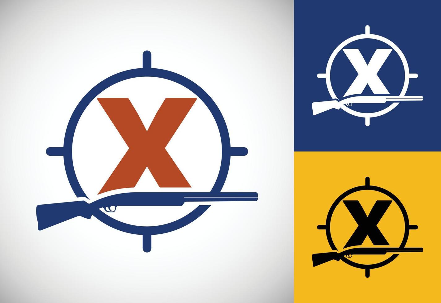 Initial alphabet X with gun and target sign. Inspiration hunting club logo vector. Hunting logo vector