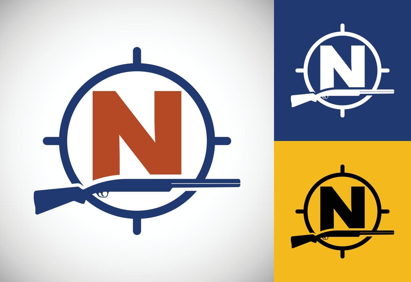 Initial alphabet N with gun and target sign. Inspiration hunting club logo vector. Hunting logo vector