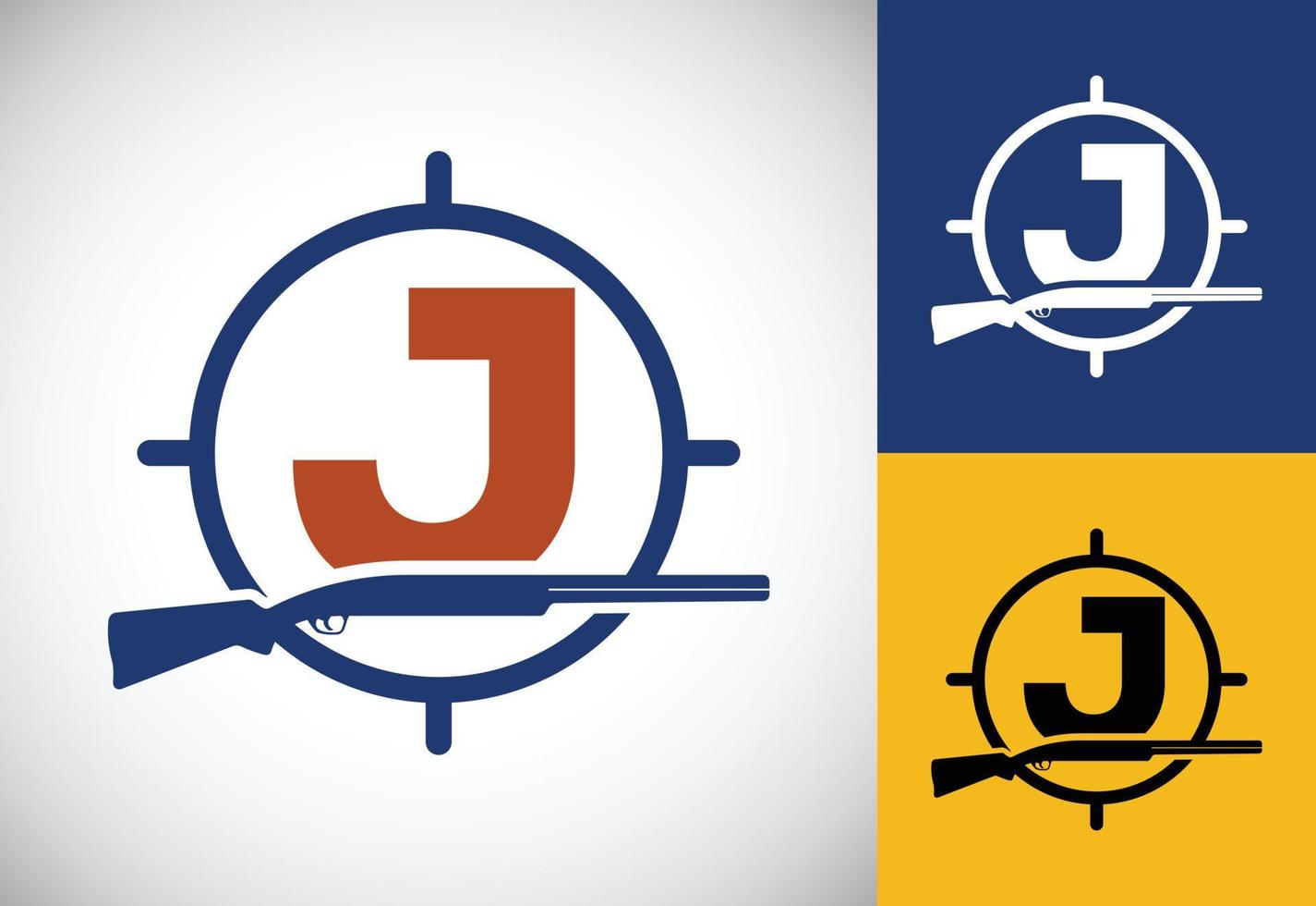 Initial alphabet J with gun and target sign. Inspiration hunting club logo vector. Hunting logo vector