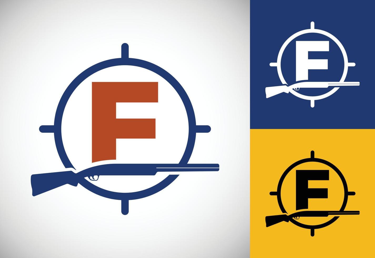 alfabeto inicial f con pistola y signo de objetivo. vector del logotipo del club de caza de inspiración. logotipo de caza