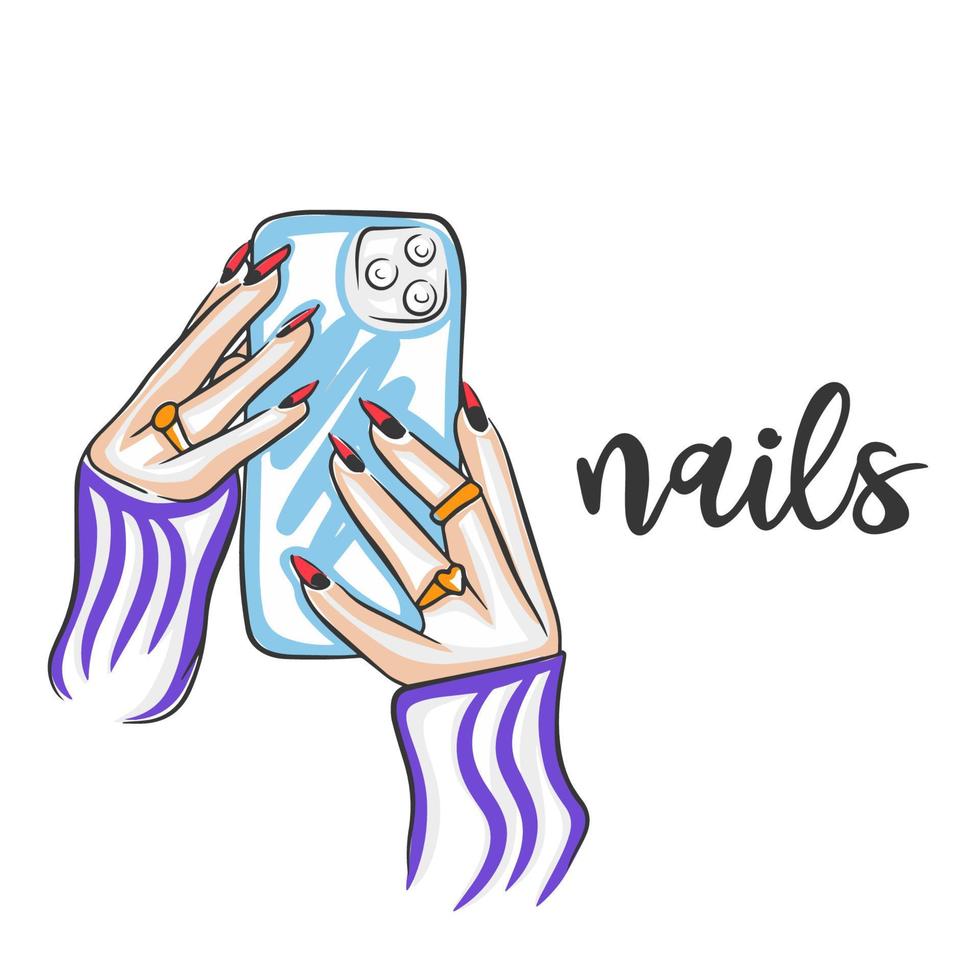 Nails, the inscription is handmade, in hands with a beautiful manicure mobile phone, long nails vector