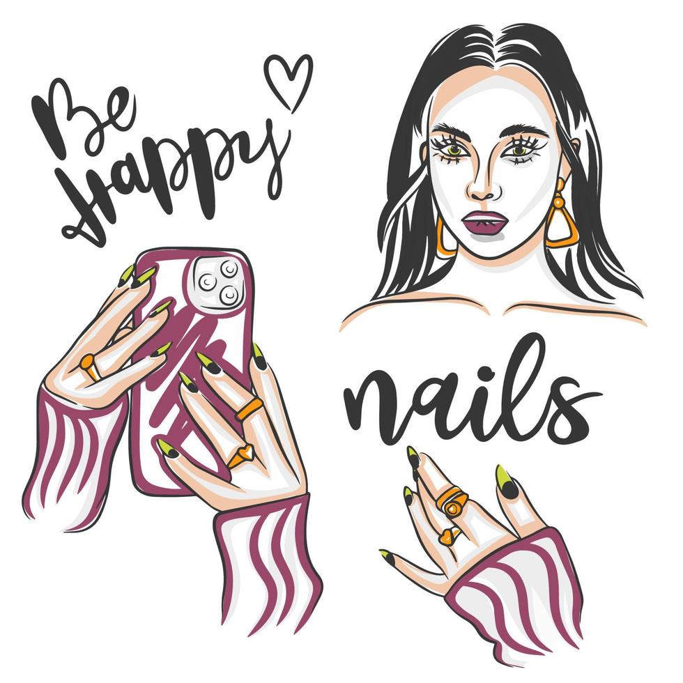 Set with inscriptions, manicure with long nails, concept vector