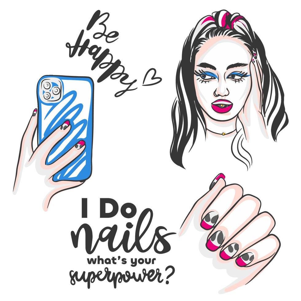 Fashionable girl and long beautiful nails, set with inscriptions and manicure vector