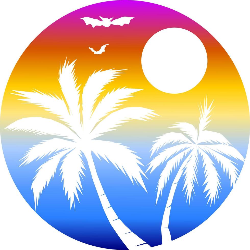 The illustrations and clipart, coconut trees on the beach with a background sunset in an ellipse frame vector