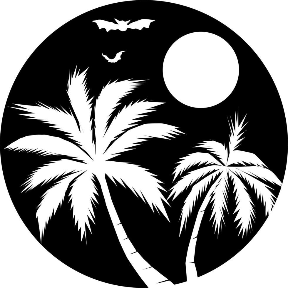 The illustrations and clipart. Palm tree silhouette in white and black background in an ellipse frame vector