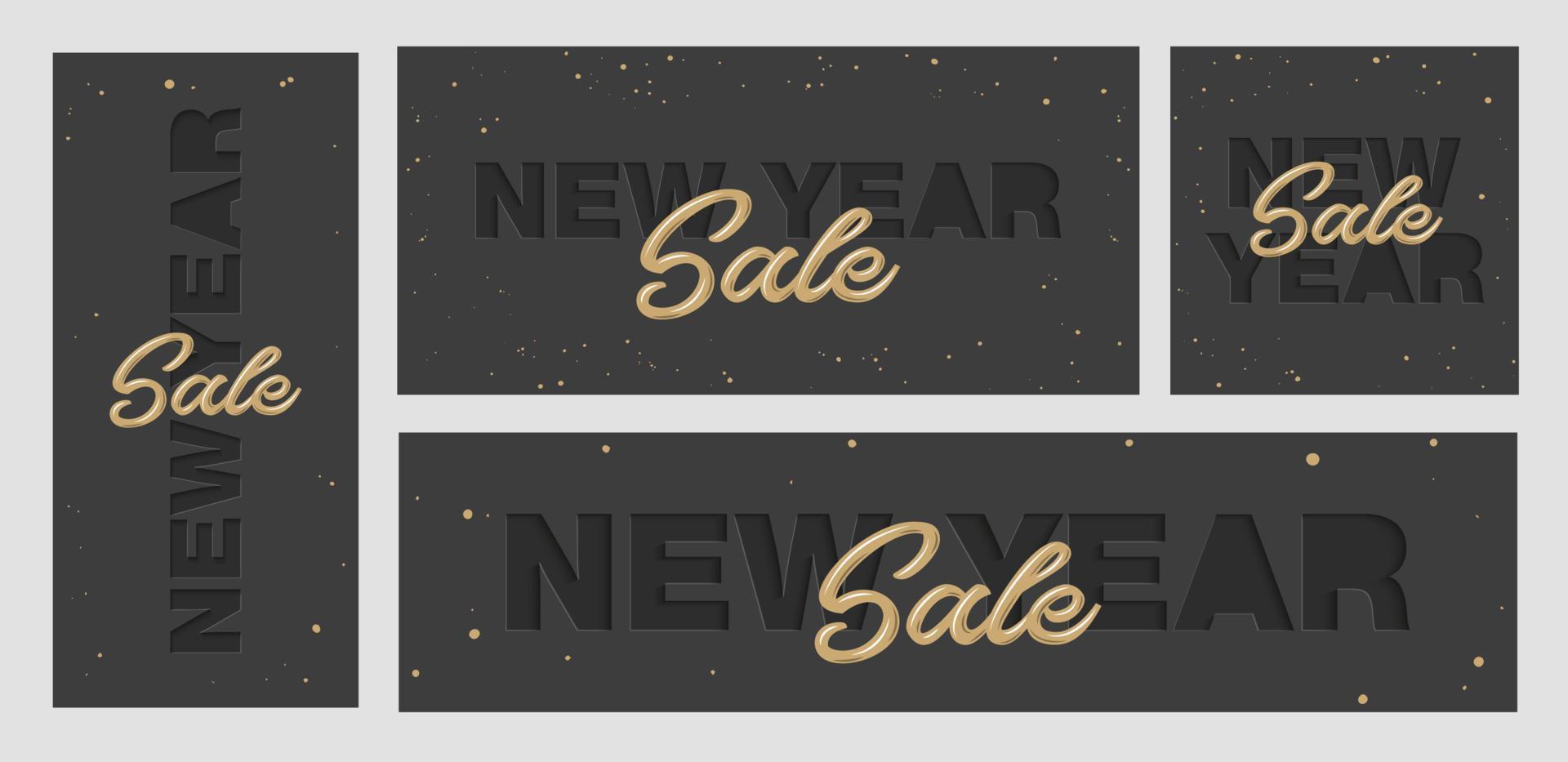 Vector set of craft paper cut black shapes font. 3d characters isolated, origami typeface for holidays. Neumorphism minimal style. New Year Sale for banners, covers, site, social media, business.