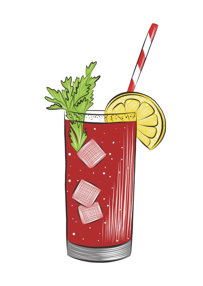 Ilustración de cóctel alcohólico Bloody Mary de estilo grabado vectorial para carteles, decoración, menú e impresión. boceto dibujado a mano de bebida, bebida. dibujo detallado aislado sobre fondo blanco. vector