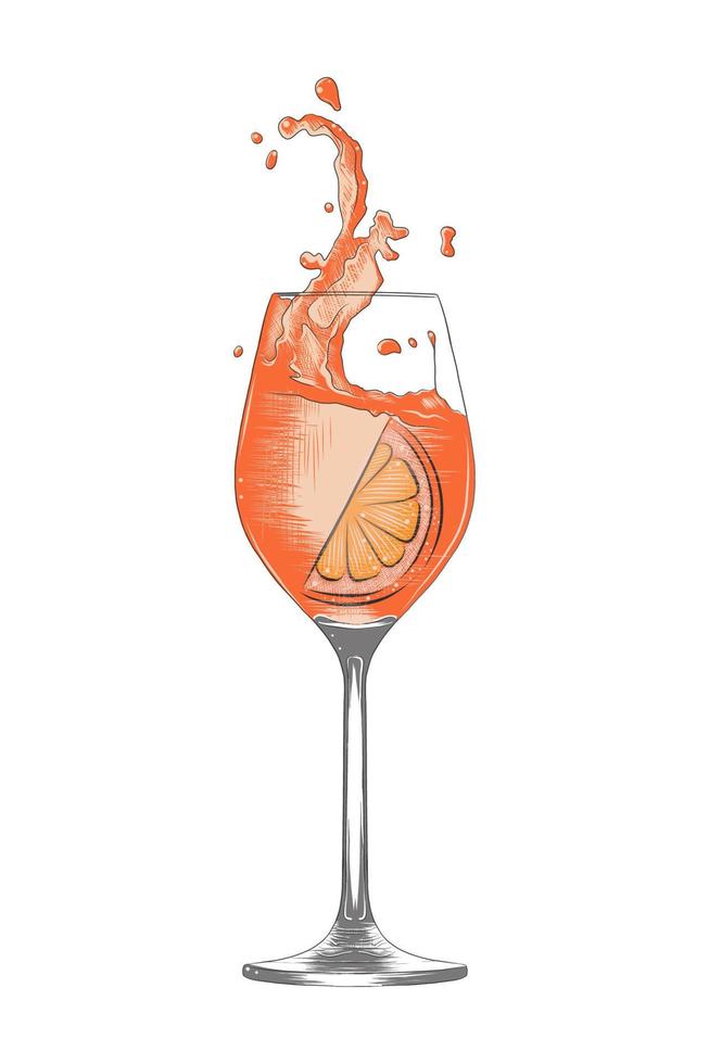 Vector engraved style Aperol Spritz alcoholic cocktail illustration for posters, decoration, menu and print. Hand drawn sketch of drink or beverage. Detailed drawing isolated on white background.