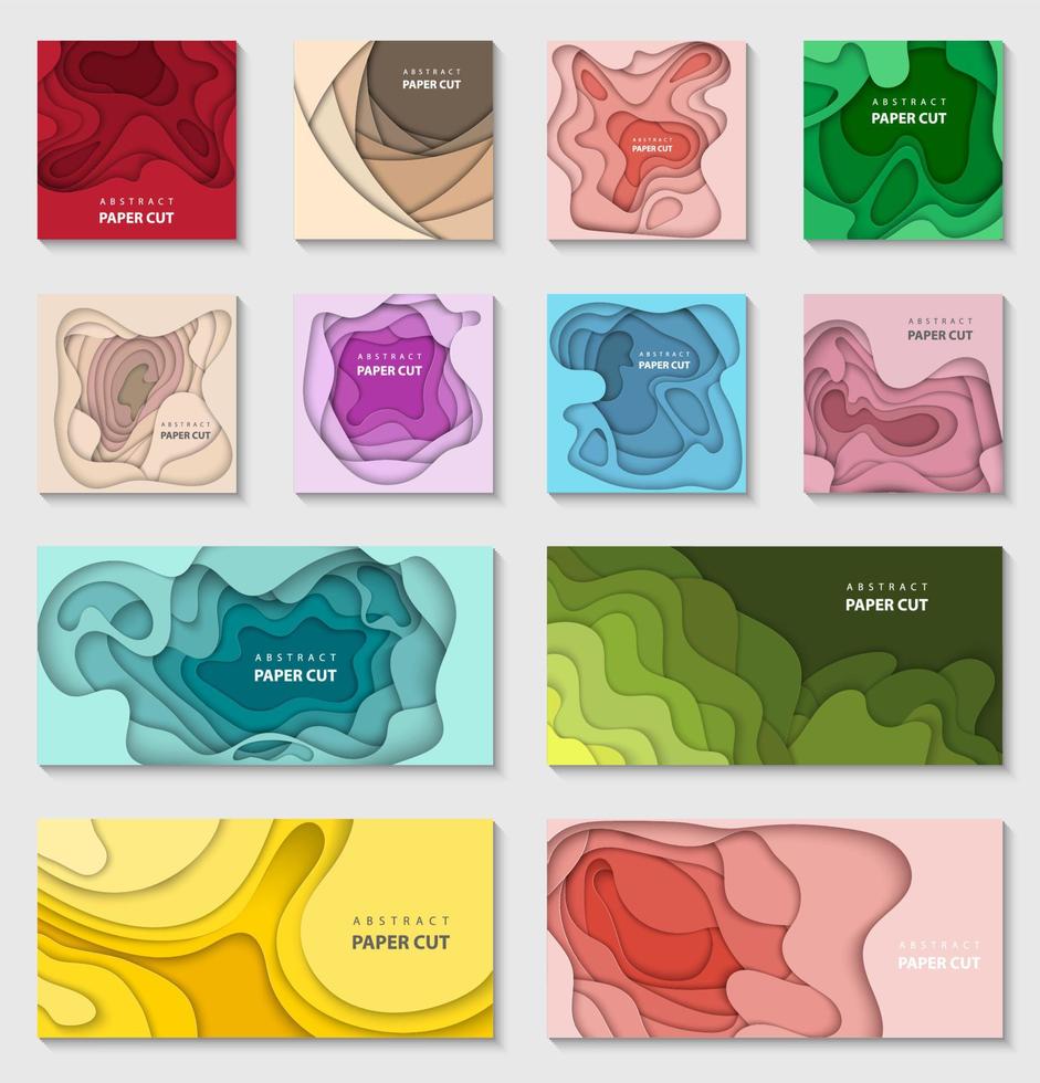 Vector set of 12 backgrounds with gradient colors paper cut shapes. 3D abstract paper style, design layout for business presentations, flyers, posters, prints, decoration, cards, brochure.