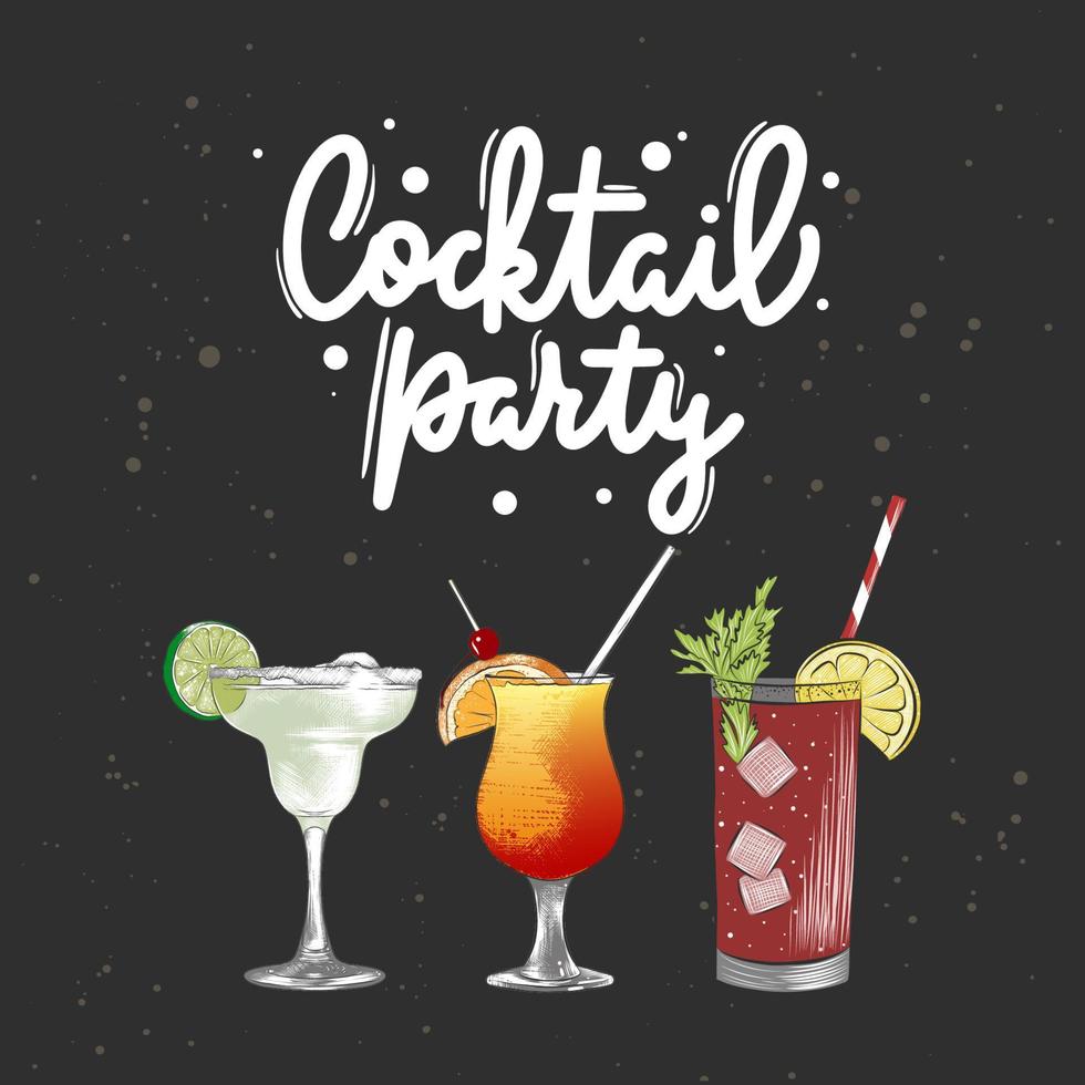 Vector engraved style alcoholic cocktails illustration set for posters, decoration, menu. Hand drawn drink or beverage sketch with lettering, Cocktail party. Detailed colorful drawing.