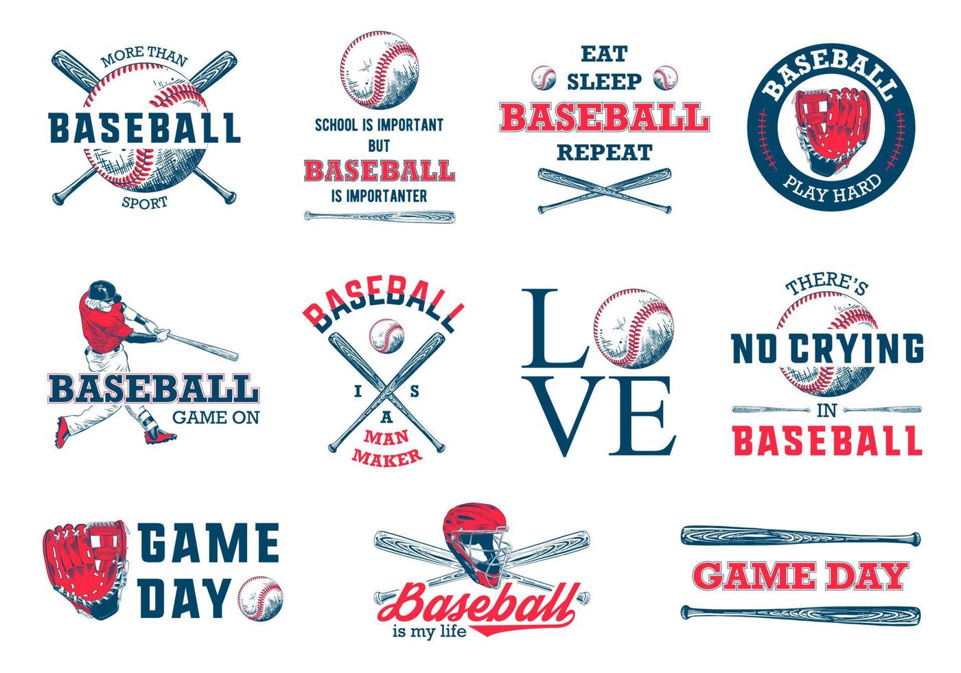 Set of 11 engraved style illustrations for posters, decoration, t-shirt design. Hand drawn baseball sketches with motivational typography isolated on white background. Detailed vintage drawing logo. vector