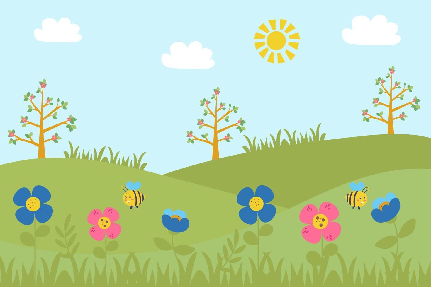 Hand-drawn spring landscape. Spring time landscape background with flowers, bees vector