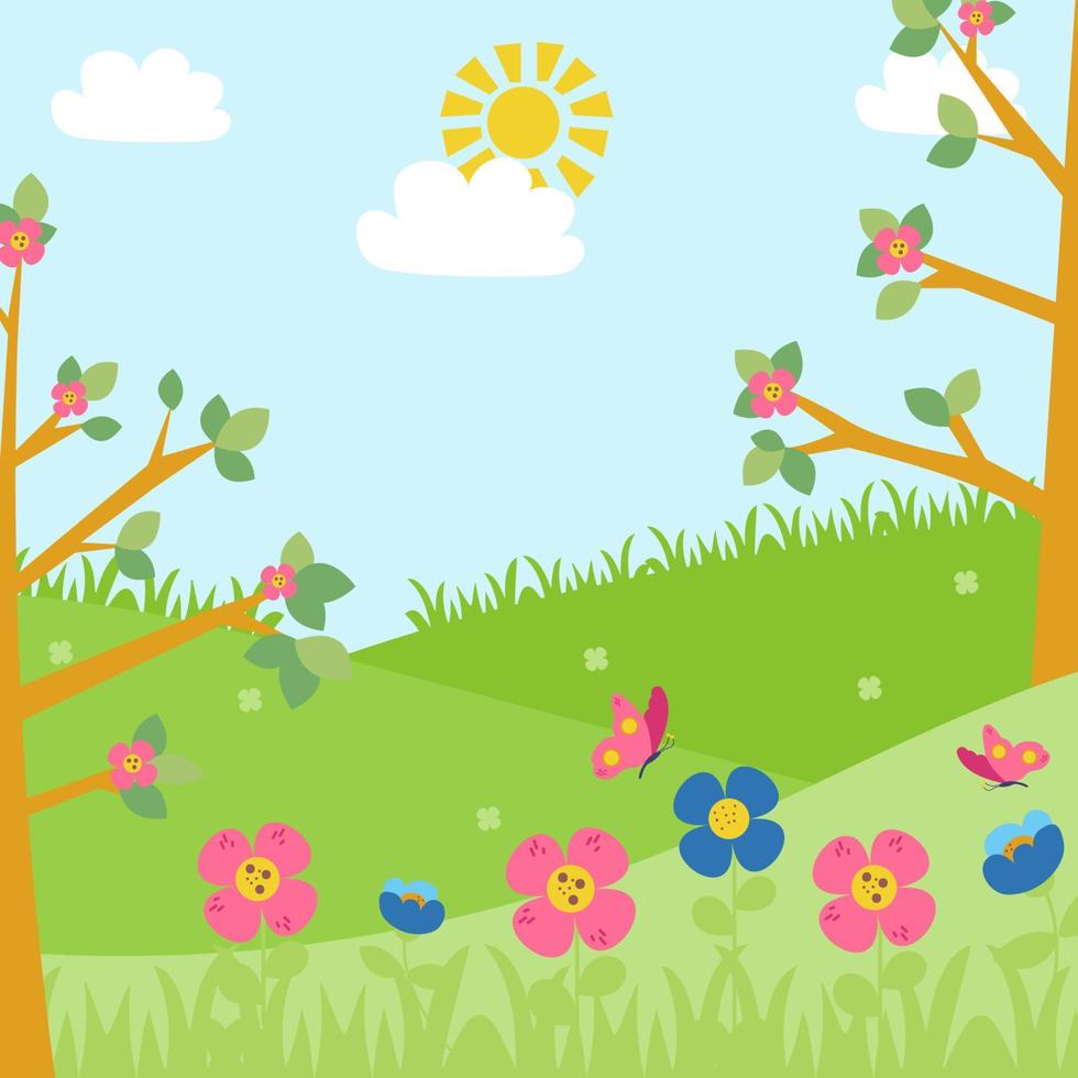 Hand-drawn summer landscape. Summer time landscape background with flowers vector