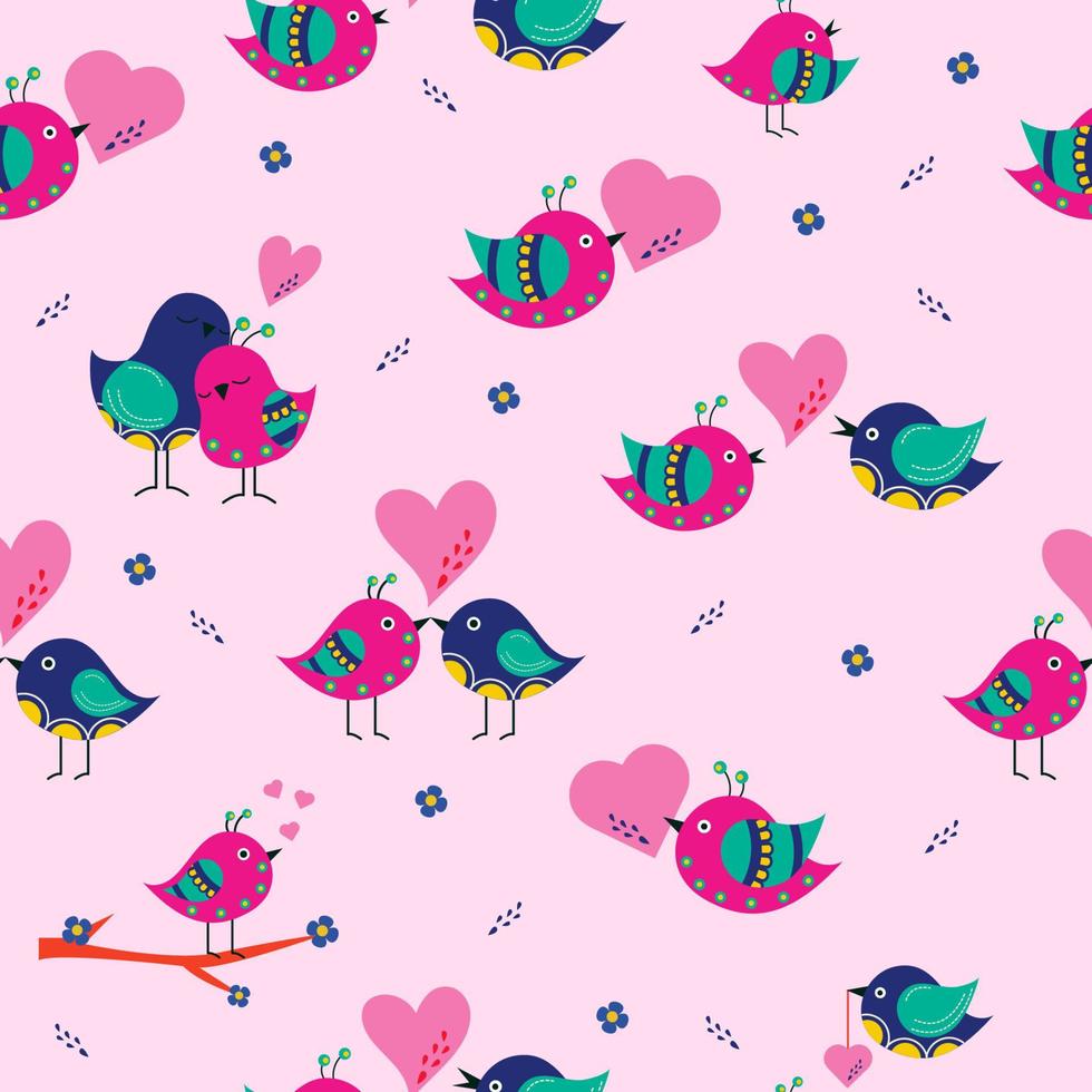 Seamless pattern of cartoon birds in love. vector