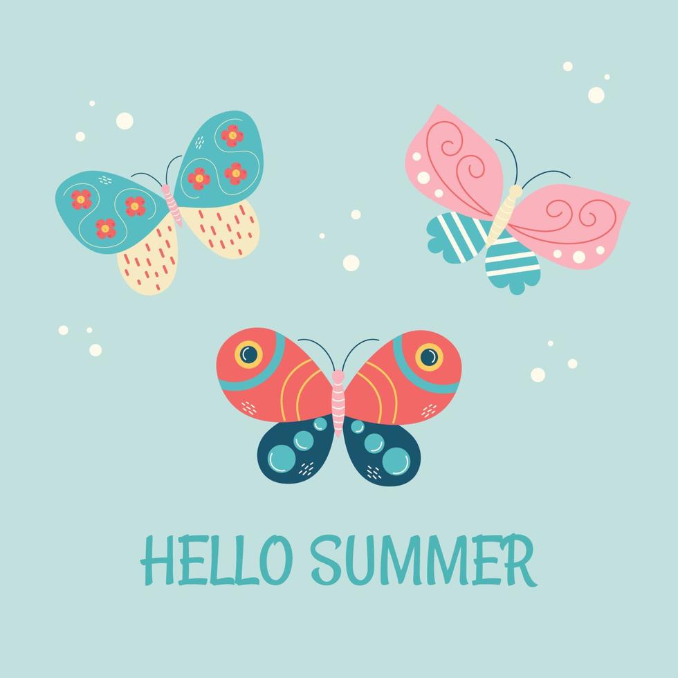 Hello summer. Butterflies on blue background vector