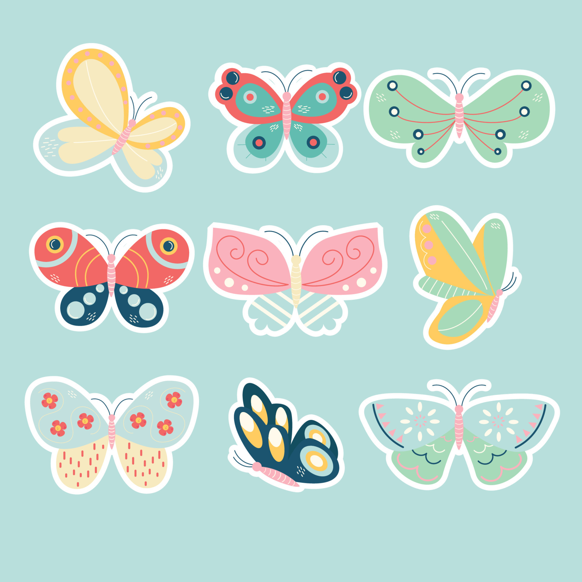 Collection of different butterfly stickers in pastel colors. 16920031